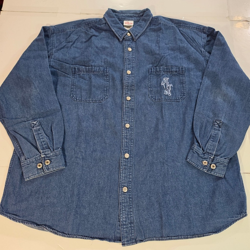 Vintage Disney Store Tigger Denim Shirt XXL Blue Embroidered Button Down Cotton